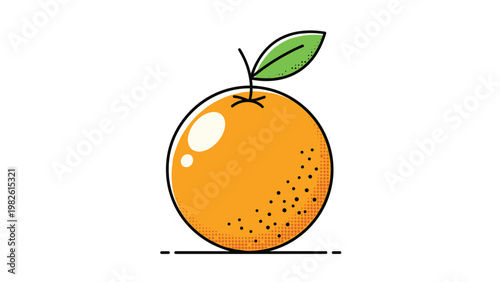 Vibrant orange fruit with a single green leaf is shown in a clean graphic style that emphasizes its round shape and healthy citrus properties.