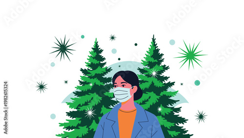 Woman wearing a protective medical mask stands in a pine forest with virus particles in the air, illustrating health safety in nature areas.