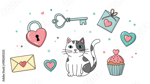 Love and romance doodles featuring a cute spotted cat heart shaped lock key gift envelope cupcake and festive decorative elements for cards.