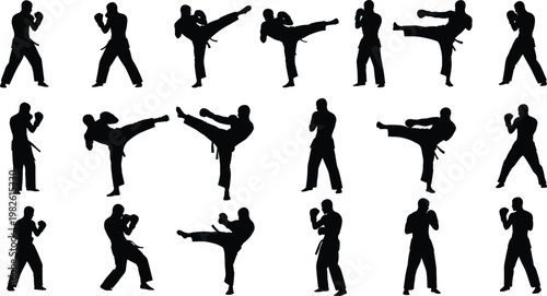 Martial Arts Karate And Kickboxing Black Silhouette Vector Set Featuring Fighter Poses Punching Kicking And Combat Stances Isolated On White Background