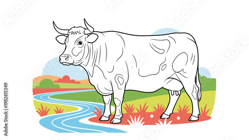 Large dairy cow stands in a scenic rural landscape with a river and green hills, depicted in a clean line art style with soft background colors.