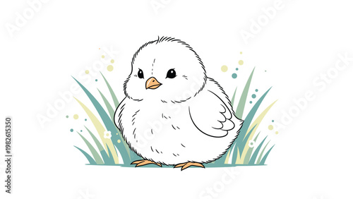 Adorable fluffy baby chick stands among blades of grass in a charming hand drawn illustration perfect for spring and Easter themes.