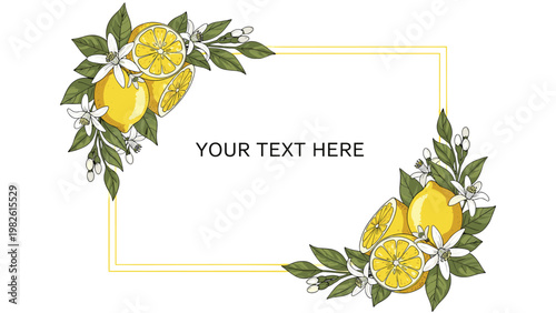 Lemon fruit frame with whole lemons slices white blossoms and green leaves surrounding a blank gold space for customized text or quote.
