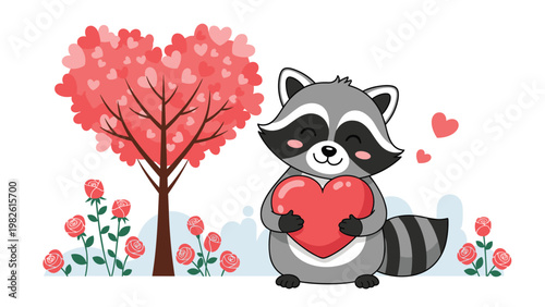 Raccoon character holding a red heart standing near a heart shaped tree and a garden of red roses representing love and romantic feelings.