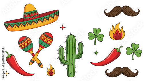 Mexican theme party icons set with colorful sombrero maracas cactus chili pepper mustache and lucky clovers for cinco de mayo celebration.