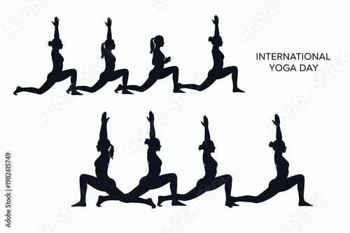 International yoga day illustration silhouettes of people performing various yoga poses
