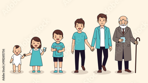 Human life cycle and male aging process illustration showing a person from a small baby to an elderly grandfather with a walking cane.