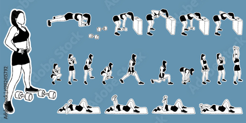 Set of Dumbbell Workouts for Women, Black and White Sticker.