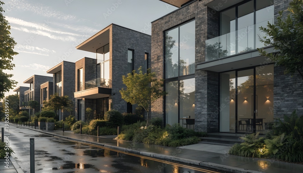 Obraz premium Row of contemporary stone houses with large windows along a quiet street
