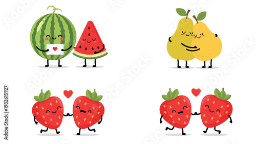 Cute fruit couples including happy watermelon slices pears and strawberries holding hands and sharing love in a sweet kawaii cartoon style.