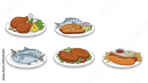 Delicious food plates set with fried chicken grilled salmon raw fish meat burgers and a classic hot dog served with crunchy french fries.