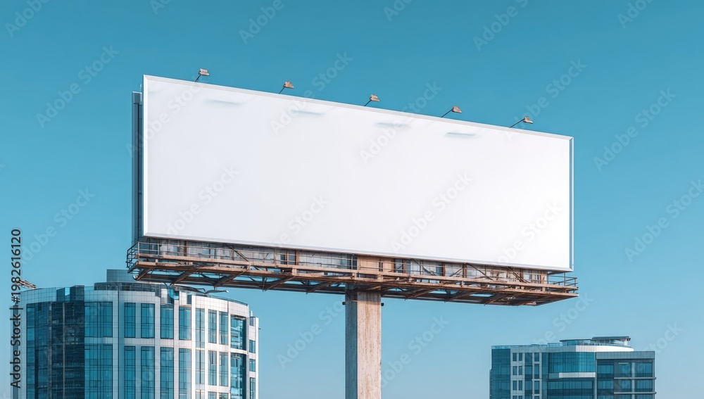 Obraz premium A large, blank billboard stands prominently above a modern cityscape under a clear blue sky, offering a space for advertising and visual communication.