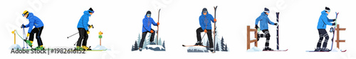 A collection of flat vector illustrations showing a male skier in different activities like preparing gear, standing on snowy slopes, and resting near fences.