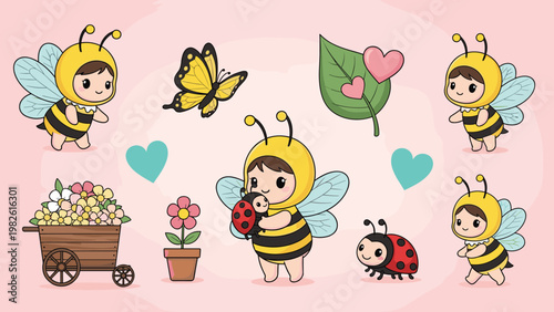 Cute illustration set featuring children in bee costumes, ladybugs, butterflies, and a wooden cart filled with colorful spring flowers.