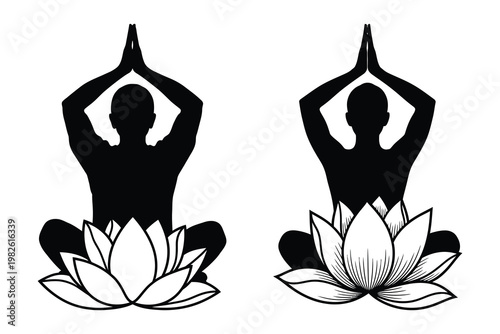 Meditative silhouette two figures in lotus position with floral base