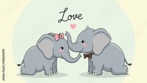 Cute illustration of two baby elephants in love with a pink heart and the word Love written in elegant script on a soft background.