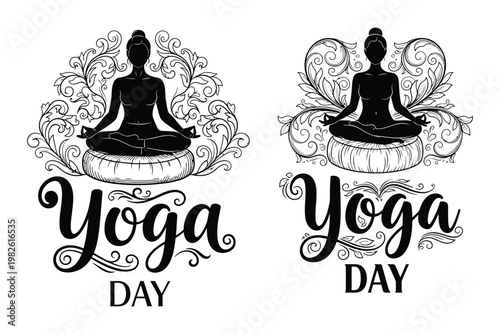 Elegant yoga day illustration two silhouettes in lotus position with floral embellishments