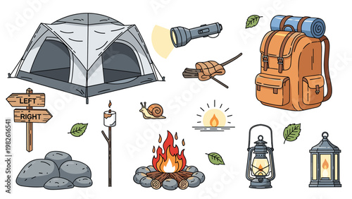 Comprehensive set of camping and outdoor adventure equipment including a tent, backpack, campfire, lantern, and navigational signs.