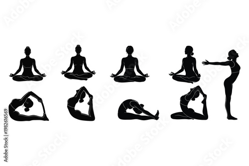 Yoga poses silhouette collection a visual guide to various asanas and body bending techniques