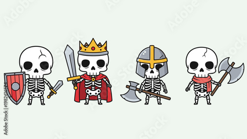 Fantasy illustration featuring a set of skeleton warrior characters equipped with various weapons like swords, axes, and shields, plus a king.