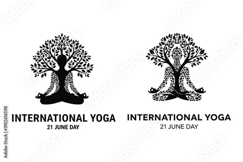 International yoga day illustration two trees forming figures in meditation pose