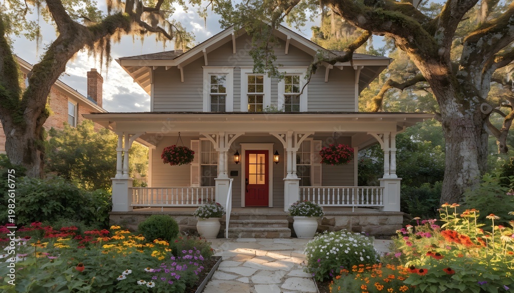 Obraz premium Charming craftsman-style house with red door and wide front porch