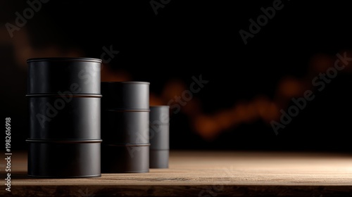 Three black oil barrels on wooden platform with glowing orange stock chart, fluctuating oil prices concept