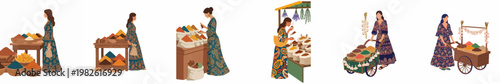 Collection of illustrations featuring women in bohemian dresses shopping for and selling colorful aromatic spices at traditional outdoor market stalls.