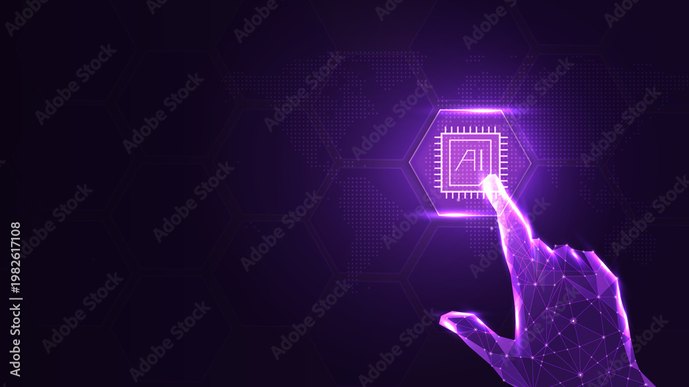 Fototapeta premium AI Technology at the Forefront: A digital finger interacts with a futuristic interface, highlighting the power and innovation of AI technology.