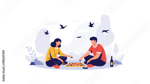 Peaceful illustration of a young man and woman sitting on the grass in a park and playing a strategic board game together.