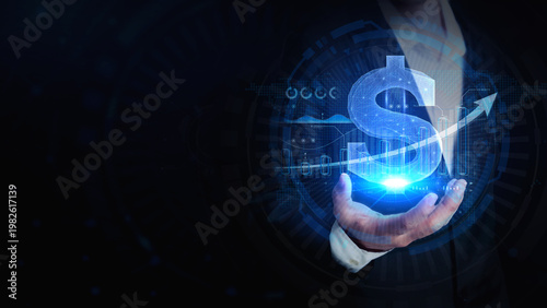 Digital Dollar Growth: A person's hand tenderly cradles a glowing dollar sign as an upward trending arrow signifies economic prosperity.