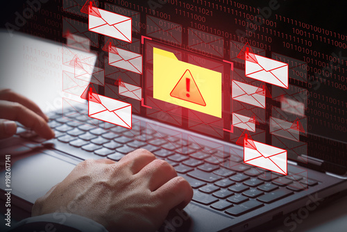 Quadro em tela Digital Alert: An individual navigates the digital realm, encountering a warning signal amidst a cascade of emails, symbolizing a potential threat to their data security