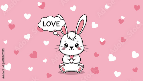 Adorable white bunny character holding a heart ring on a pink background filled with hearts and a love speech bubble.