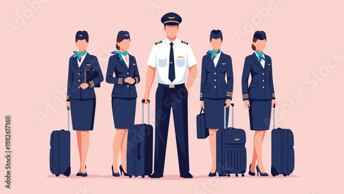 Professional airline crew illustration featuring a male pilot and four female flight attendants in uniforms with their luggage.