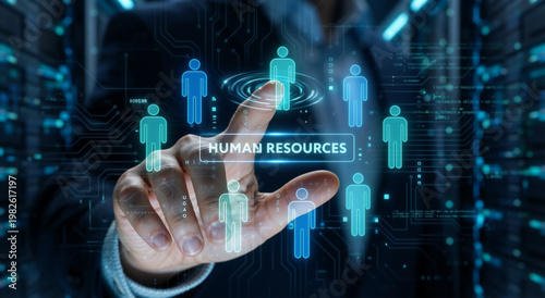 Hand pointing at digital human resources interface. Futuristic HR management and recruitment concept