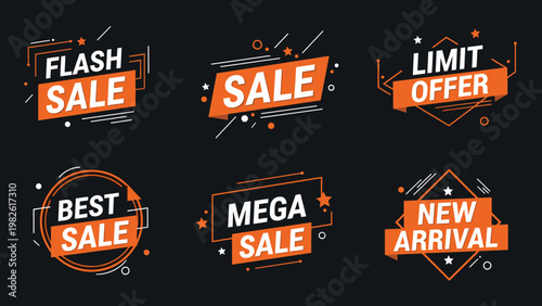 Large collection of promotional sale badges and discount labels featuring flash sale mega sale and new arrival offers on dark background.