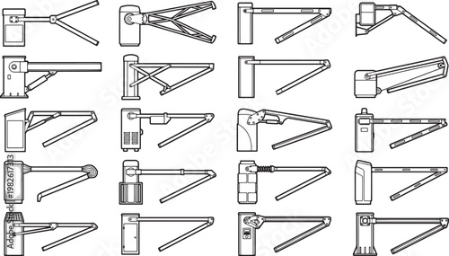 Collection of illustrations of various security barriers, showcasing diverse designs, functionality and robustness. These barriers stand as sentinels of controlled access. 