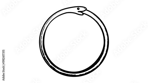 Minimalist Ouroboros black line vector icon illustration of a snake eating its own tail, symbolizing infinity, eternal cycle, and rebirth. Hand-drawn outline design isolated on white background.