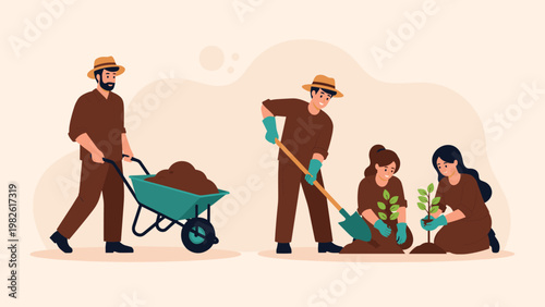 Group of diverse volunteers works together to plant young green trees and transport soil using a wheelbarrow for nature conservation.