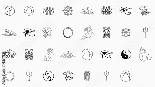 Minimalist Hand-Drawn Vector Icon Set of 31 Black Line Symbols: Celtic Knot, Alchemy, Dharma Wheel, Eye of Horus, Gargoyle, Ouroboros, Kraken, Mermaid, Tiki Mask, Trident, Yin Yang. Editable Stroke.
