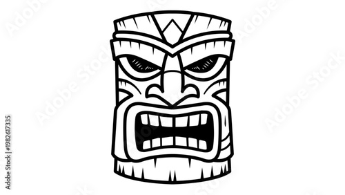 Minimalist Tiki Mask Black Line Vector Icon Illustration, Hand-Drawn Carved Polynesian Totem Face on White Background, Scalable Outline Design for Tropical Decor, Hawaiian Culture, and Tribal Art.