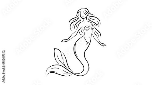 Minimalist black line vector icon illustration of a graceful mermaid siren with long flowing hair and a curved tail, hand-drawn elegant mythical sea creature design isolated on white background.