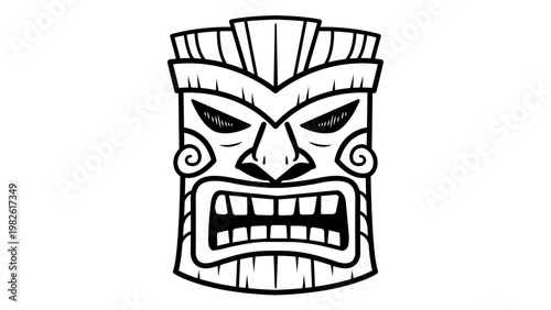 Minimalist black line vector icon illustration of a hand-drawn carved tiki mask on a white background, representing traditional Polynesian tribal art, scalable outline graphic for tropical design.