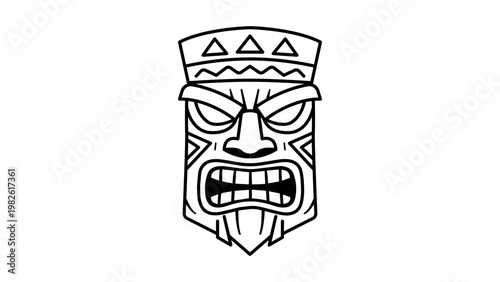 Tiki Mask Vector Icon: A minimalist black line illustration on a white background representing a traditional carved Polynesian tribal mask with an angry expression, bared teeth, and geometric art.
