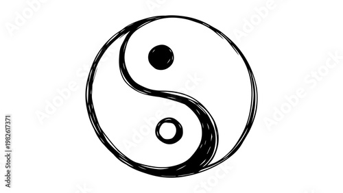 Minimalist black line vector icon of a hand-drawn Yin Yang symbol on a white background, representing balance, harmony, and duality in Taoism and Chinese philosophy, scalable vector illustration.