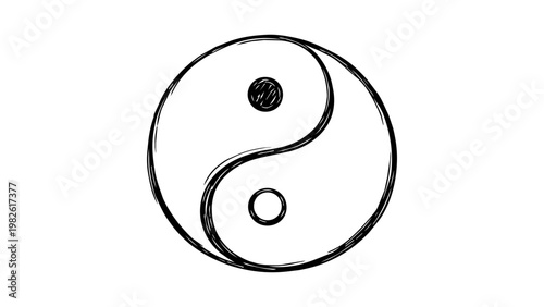 Minimalist hand-drawn Yin Yang vector icon illustration on white background, representing balance, harmony, and duality in Taoist philosophy with a clean black line art sketch style for graphics.