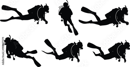 Scuba Diver Black Silhouette Vector Set Featuring Divers Swimming Underwater With Oxygen Tanks And Flips For Ocean Exploration Marine Life
