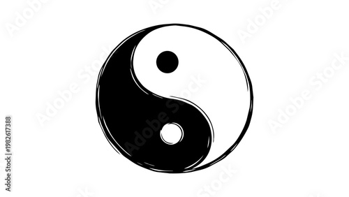 Hand-drawn Yin Yang vector icon illustration featuring a minimalist black line sketch of the traditional Chinese symbol for balance and harmony, isolated on a white background for graphic design.