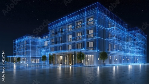 A futuristic architectural blueprint of a grand hotel glows with vibrant blue lines against a dark, starry night sky, showcasing a blend of modern design and technological innovation.