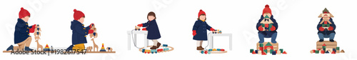 Flat vector illustrations of a toddler boy in a winter coat and hat playing with wooden trains, blocks, and animal stacking toys.